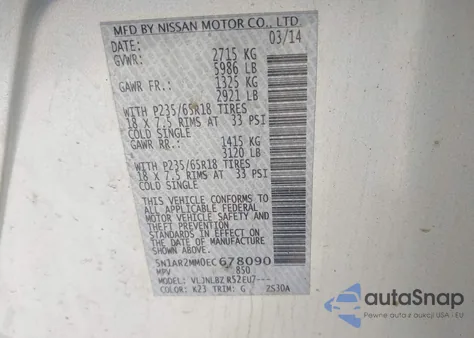 2014 Nissan Pathfinder S z USA, uszkodzony, nr VIN 5N1AR2MM0EC678090
